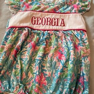 Onesie with Georgia embroidery panel. Lilli Pulitzer look.